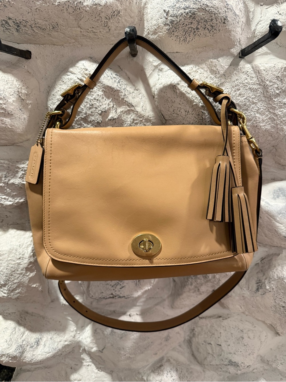 Coach Beige Leather Shoulder Bag with Tassels